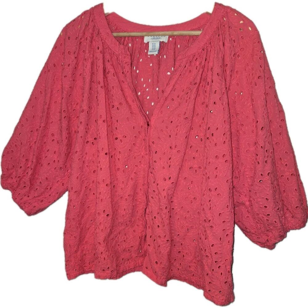Calypso St. Barth Eyelet Button Down Blouse Puff Sleeves Pink 1X Cruise